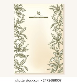 Green tea branch with leaves Border, frame, template for menu page, product label, cosmetic packaging. Vector illustration. In botanical style