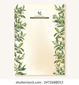 Green tea branch with leaves Border, frame, template for menu page, product label, cosmetic packaging. Vector illustration. In botanical style