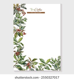 Green tea branch with leaves Coffee tree. Branch with leaves and berries. Border, frame, template for menu page, product label, cosmetic packaging. Vector illustration. In botanical style
