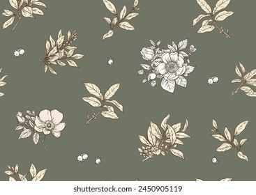 Green tea branch with leaves and wild rose flowers and berries. Seamless pattern, background. Vector illustration. In botanical style