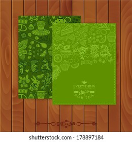 Green tea Branding Design. Set of floral cards. Sweet pattern. Coffee, tea, background, brand. Tea label. Banner. Pattern complete. Use for invitations. Tea,sweets seamless doodle pattern. Menu.