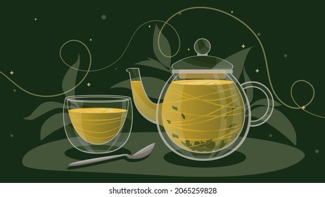 té verde, té preparado en un hervidor, fiesta de té, té preparado, tetera con una taza