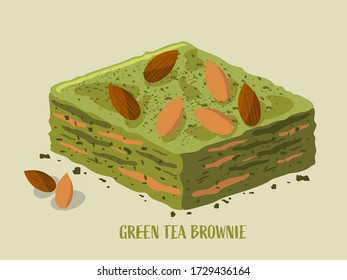 Green tea brownies with almond topping vector design