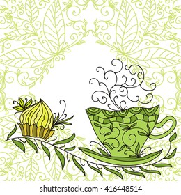 Green tea and cake vector illustration
