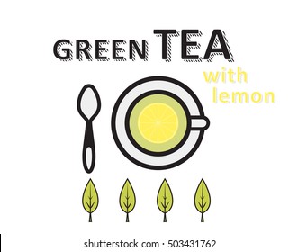 Green tea cap with lemon, green leaves