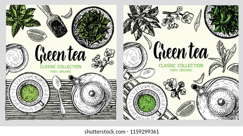 Green tea card template for restaurant, cafe, bar. Vector card design with hand drawn tea illustration. Decorative inking background with vintage tea sketch. Sketched template