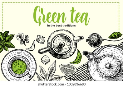 Green tea card template for restaurant, cafe, bar. Vector card design with hand drawn tea illustration. Decorative inking background with vintage tea sketch. Sketch template
