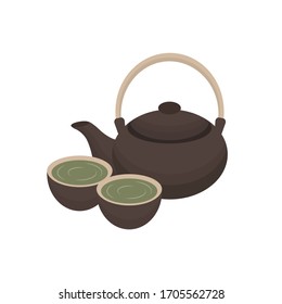 Green tea ceramic pot and cups icon for Japanese cuisine or sushi bar and restaurant menu design template. Vector isolated symbol of teapot and Japan or Chinese traditional mugs for tea or cafe