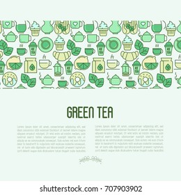 Green tea ceremony and sale of tea beverages concept with thin line icons. Vector illustration for web page, banner and print media. 