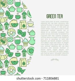 Green tea ceremony and sale of tea beverages concept with thin line icons. Vector illustration for web page, banner and print media. 
