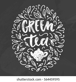 Green tea chalk art on the blackboard. Vector hand drawn illustration.