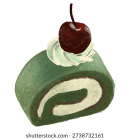 Green tea cherry, roll cake, dessert food