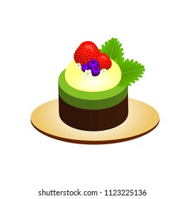 green tea and chocolate cake on wooden plate topped with japanese Mochi, strawberries and blueberries , decorated with small flowers and green leaves : vector  
