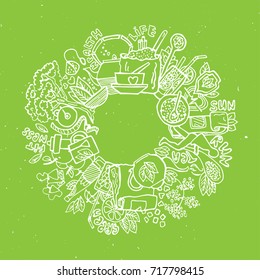 Green tea circle doodles. Sketched green tea healthy elements, natural products and objects related to green tea, vector hand draw illustration.