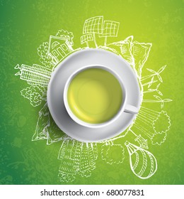Green tea with circle ecology doodles. Sketched eco elements with cup of green tea, vector illustration
