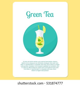 Green Tea cocktail menu item or sticker. Party drink in circle icon vector illustration.