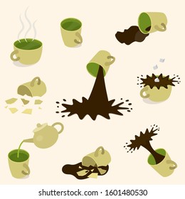 Green tea and coffee cups - full, empty, broken. Vector illustration.