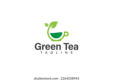 Green tea or green coffee logo design vector with cup and leaf concept, logo for healthy drink