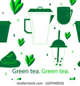Green tea.The concept of healthy food.Teapot, cups of green tea, a piece of cake with fruit, green tea leaves.Sets the elements for the design.Vector.Pattern on a white background.
