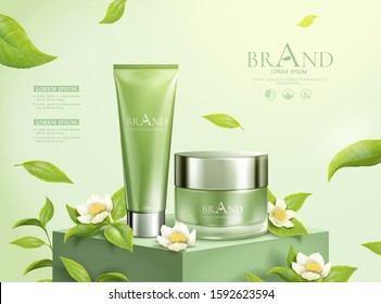 Green tea cosmetic ads with leaves flying in the air, 3d illustration