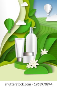 Green Tea Cosmetic Ads Template, Vector Illustration. White Blank Cosmetic Bottle Mockups, Paper Cut Craft Style Green Leaves, Fields. Beauty And Skin Care Products With Tea Extract.