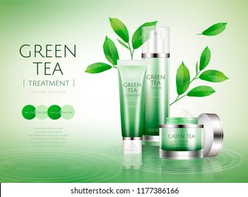 Green tea cosmetic set with leaves ingredients on ripple background in 3d illustration