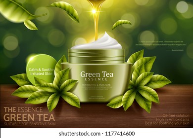 Green tea cream ads with serum dripping down and ingredients around it in 3d illustration, nature bokeh background