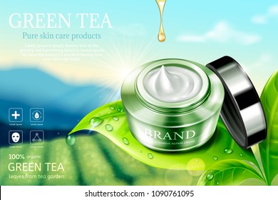 Green tea cream jar on leaves with dew illustration, bokeh plantation background svg