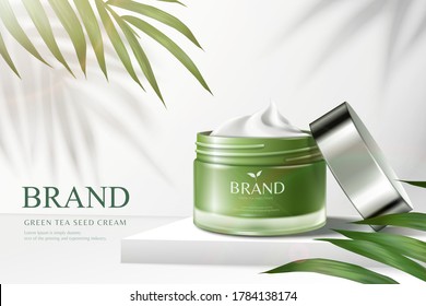 Green tea cream jar on square podium with palm leaves in 3d illustration, cosmetic ads