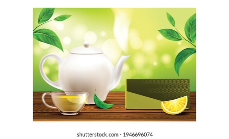 Green Tea Creative Promo Advertising Poster Vector. Tea Cup, Teapot, Lemon Piece, Package And Plant Leaf On Wooden Table. Herbal Energy Drink Concept Template Realistic 3d Illustration