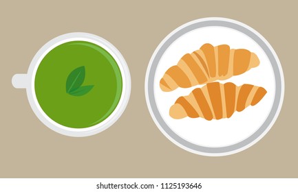 Green tea and Croissant vector design on background.Drink and Dessert top view
