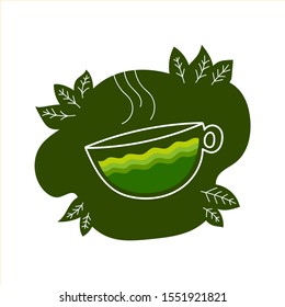 green tea in a cup against a leaf. natural health drink. Simple modern flat design with isolated white background.