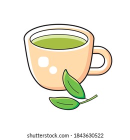 Green tea cup and tea branch with two leaves isolated cartoon vector