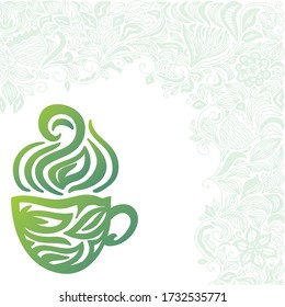 Green tea cup and decorative nature background of leaves. Vector illustration