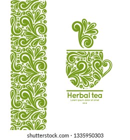Green tea cup emblem design. Vector illustration. Can be used for drink, food and other packaging types. Great for logo, monogram, invitation, flyer, menu, brochure, background or any desired idea.