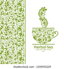 Green tea cup emblem design. Vector illustration. Can be used for drink, food and other packaging types. Great for logo, monogram, invitation, flyer, menu, brochure, background or any desired idea.