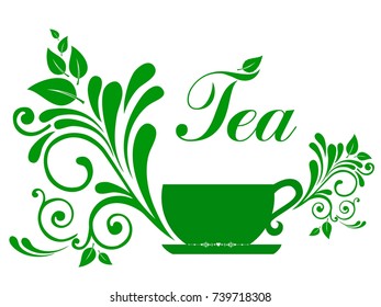 Green tea. Cup with floral design elements isolated on White background. Vector illustration