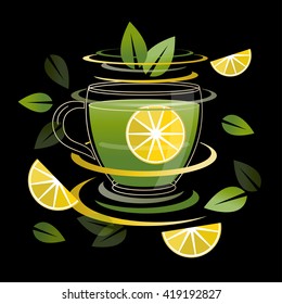 Green Tea Cup with leaves and Lemon slices. Citrus Mint beverage vector illustration. Glass mug with Hot Drink.