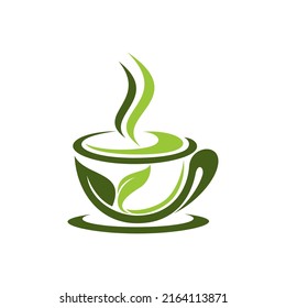 Green tea cup with leaves logo design icon