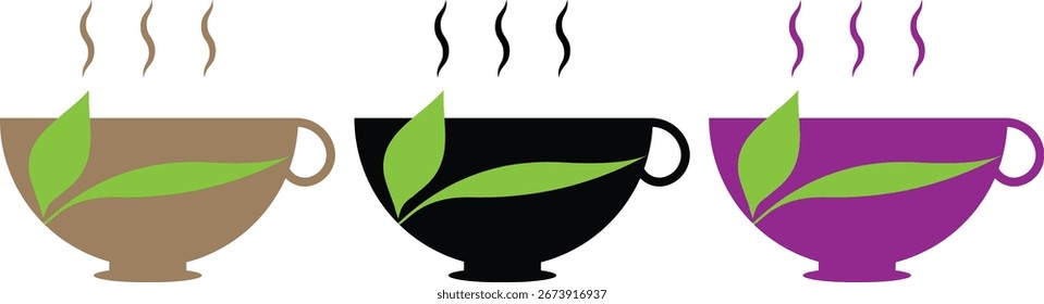 Taza de té verde con el icono del diseño del logotipo de las hojas fijado Diseño para el logotipo, icono, App móvil, Sitio web, UI, UX, muestra, símbolo.