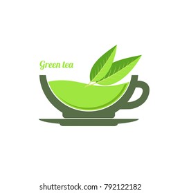 Green tea Cup with leaves. Logo, emblem, icon in flat style. Vector illustration