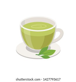 Green Tea in Cup and green leaves Vector illustration in flat design isolated on white background.