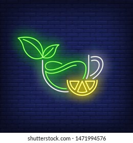 Green tea cup with lemon slice neon sign. Tropical drink, beverage, freshness design. Night bright neon sign, colorful billboard, light banner. Vector illustration in neon style.