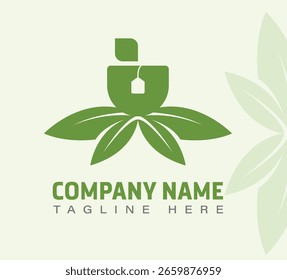 Logotipo de la taza de té verde con hojas y una bolsa de té para la compañía de bebidas