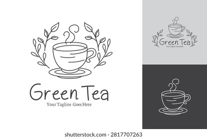 Green Tea Cup Logo Vector with Botanical Leaves, Minimalist Cafe and Organic Beverage Branding