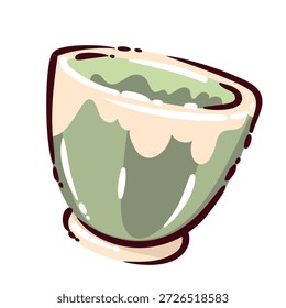 Taza de té verde con esmalte de cerámica lisa y forma redondeada. Taza de té coreana con la superficie verde pálida, objeto tradicional de la bebida, símbolo cultural de la ceremonia del té, Ilustración vectorial aislada de la historieta.