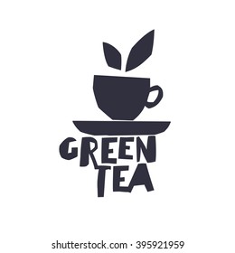 Té verde. Taza de té y texto "Té verde". Plantilla de logotipo aislado