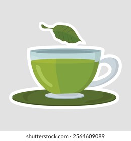 Green Tea Cup Vector Illustration Sticker. Vector sticker of a steaming green tea cup. Ideal for relaxation, spa, and health graphics