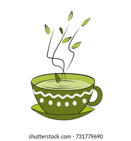 Green tea cup. Vector illustration. Hot smelling tea in ornamented mug.