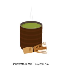 Green tea cup vector. Green tea cup on white background. Matcha tea whisk.